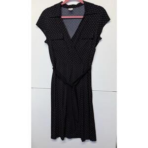 Black & White Polka Dot Wrap Dress Sz S Knee Length Tie Waist Midi Front Pockets